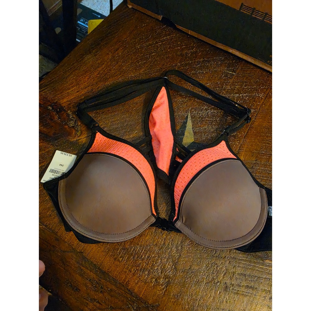 Victoria's Secret PINK Push Up Bra 34A Brown Neon Orange Strappy Front Close NWT